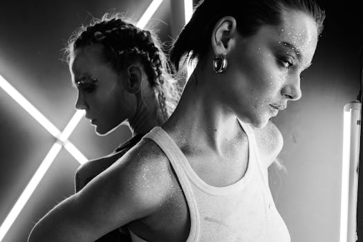 Dynamic black and white fashion portrait showcasing young women with glitter makeup against a neon backdrop.