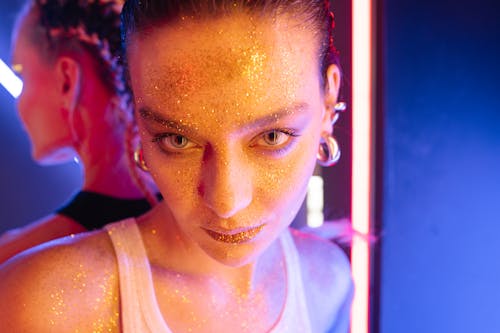 Close-up of a Woman's Face With Glittery Makeup