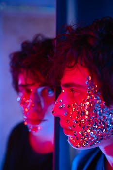 Portrait of a man with glittery makeup in neon lighting reflected in a mirror.