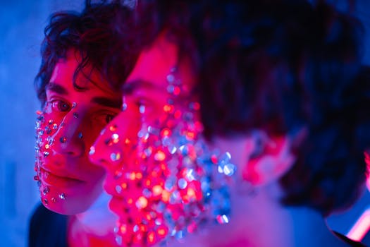 Portrait of a person with artistic glitter makeup looking at their reflection.