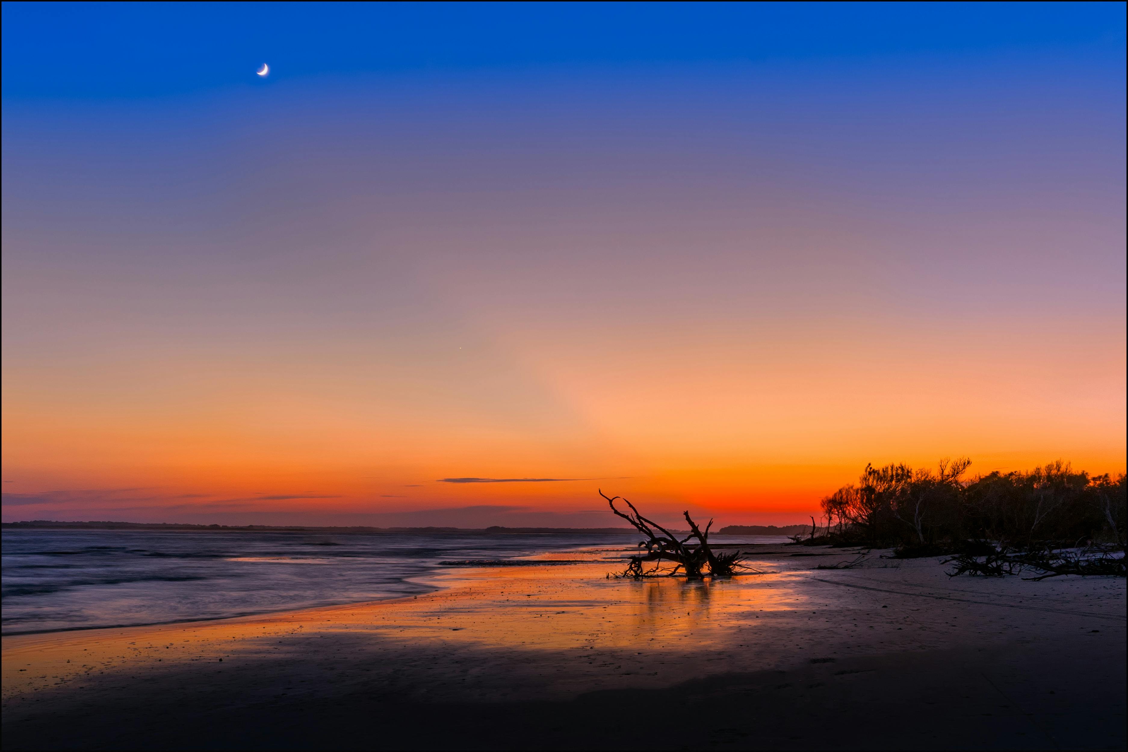 Dramatic sunset over Folly Beach, SC with driftwood and moonlit reflections.
