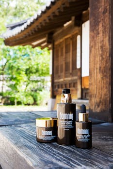 High-quality Korean skincare products displayed outdoors against a traditional architecture backdrop.