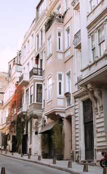 A scenic view of historical buildings on a quiet street in Istanbul, Turkey. Ideal for urban exploration content.