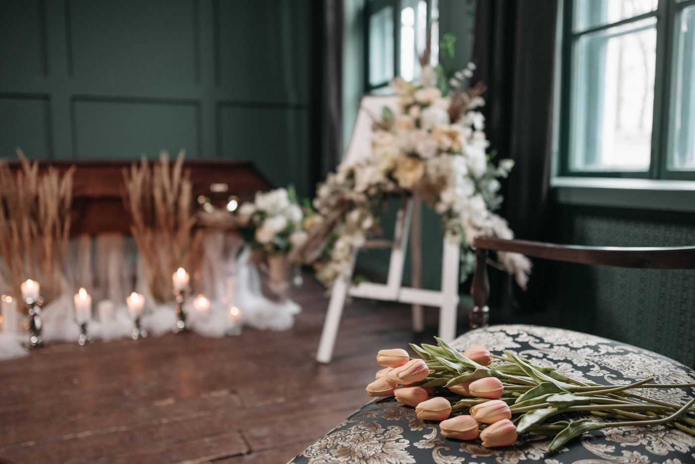Funeral floral arrangements in a peaceful setting