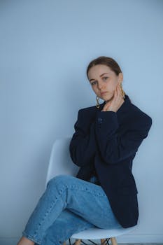 Trendy young female in elegant outfit looking at camera and touching cheek while sitting on chair on white background in light room