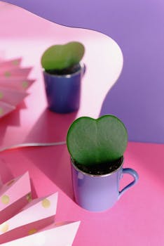 A heart-shaped succulent in a blue mug on a colorful pink and purple surface with mirror reflection.