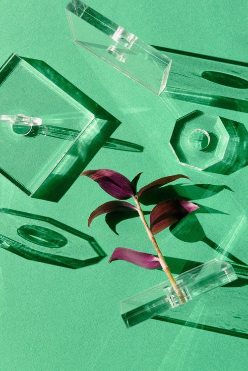 Free Artistic photo of geometric glass shapes and red leaves on green background, creating a modern still life. Stock Photo