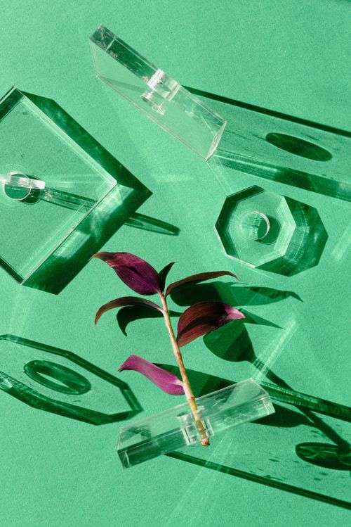 Free Artistic still life featuring clear geometric glass and a leaf on a green background. Stock Photo