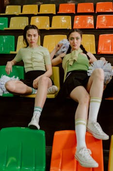 Two young women cheerleaders sitting casually in colorful stadium seats holding pompoms.
