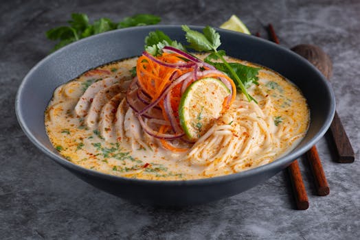 Delicious creamy noodle soup garnished with vegetables and spices. Perfect fusion dish for food lovers.