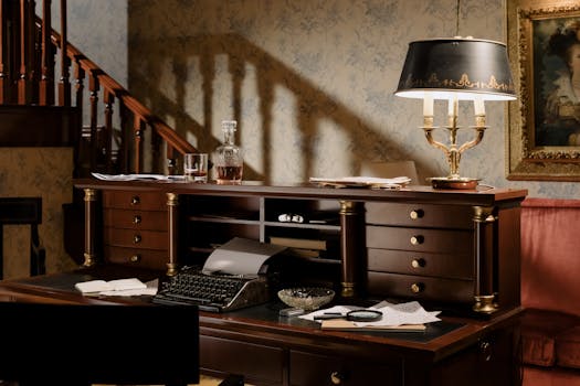 A vintage workspace featuring a classic wooden desk, typewriter, and elegant lamp in a retro interior.