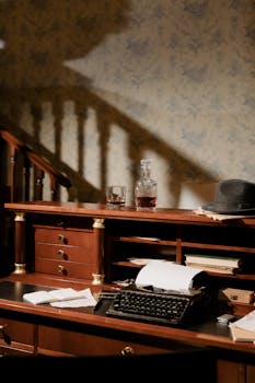 A retro workspace setup featuring a vintage typewriter, liquor decanter, and classic decor.