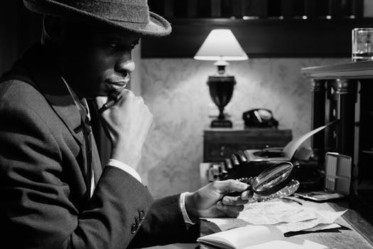 A detective in a 1950s office, inspecting with a magnifying glass.