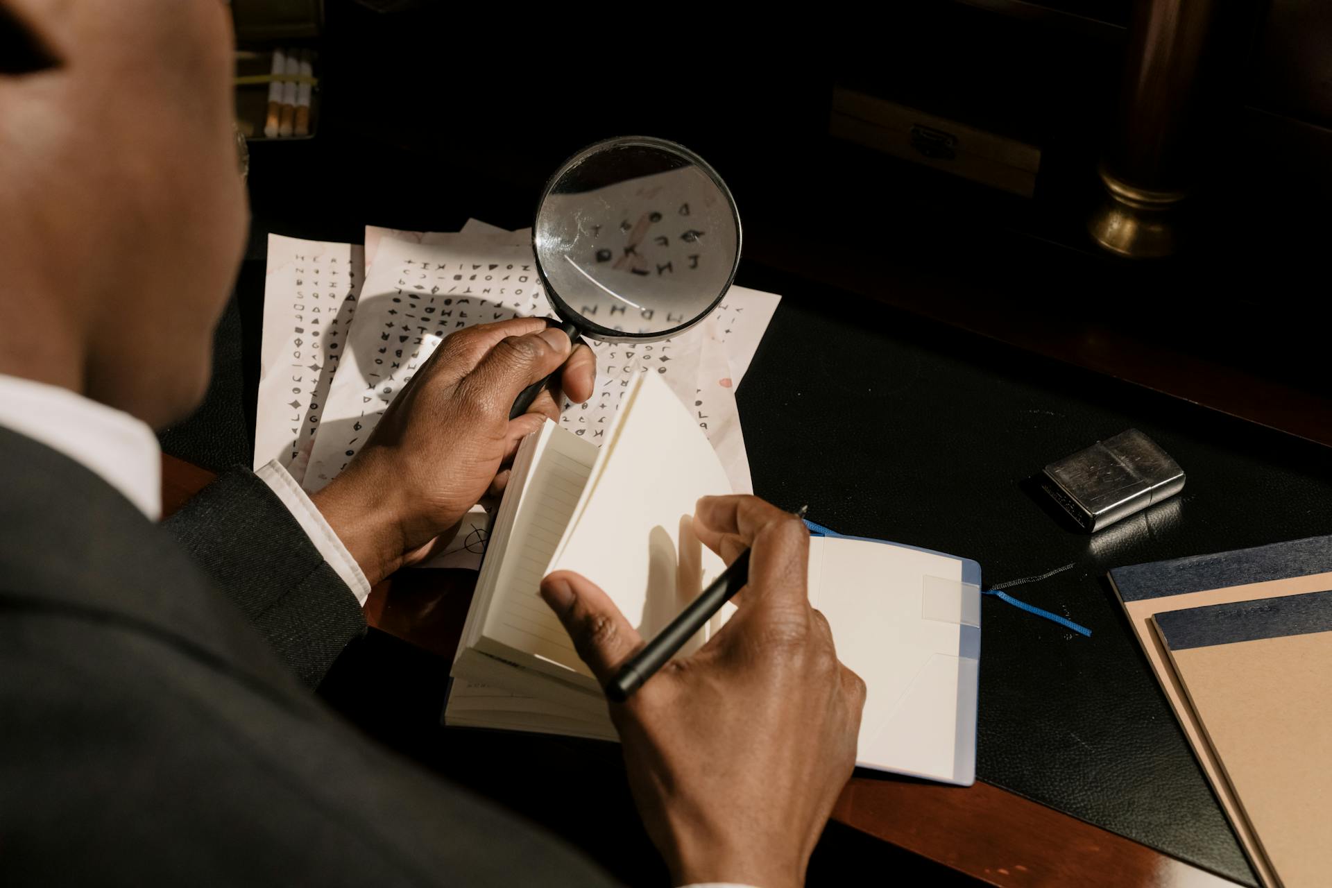 A detective examines encrypted documents with a magnifying glass in moody lighting.