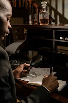 A detective inspects notes using a magnifying glass in a vintage workspace setting.