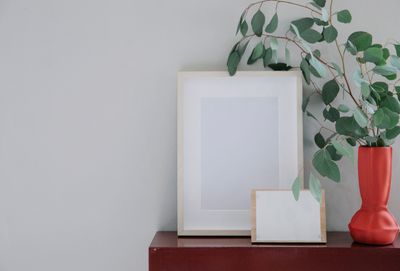 Framed print resting on a shelf beside a eucalyptus sprig — photo by Angela Roma on Pexels