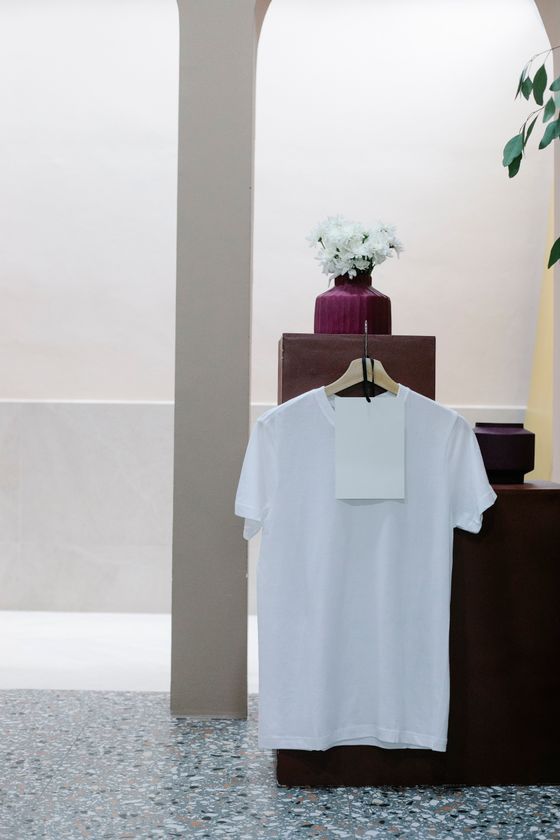 White cotton tee on a hanger in a bright shop, photo by Angela Roma on Pexels