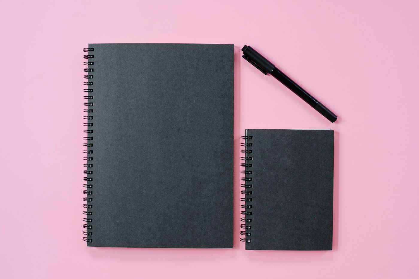 Notebooks and a pen on a pink background