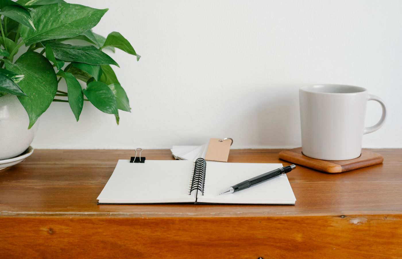 A clean and organized workspace featuring a notepad, pen, mug, and potted plant on a wooden desk.