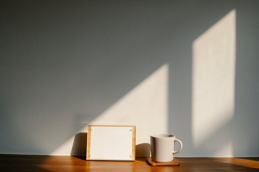 A minimalist workspace with a blank rectangular sign and a mug, perfect for creative mockups.
