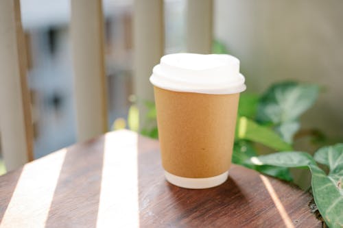 Free Paper cup of coffee to go placed on table in cafeteria in sunny morning Stock Photo