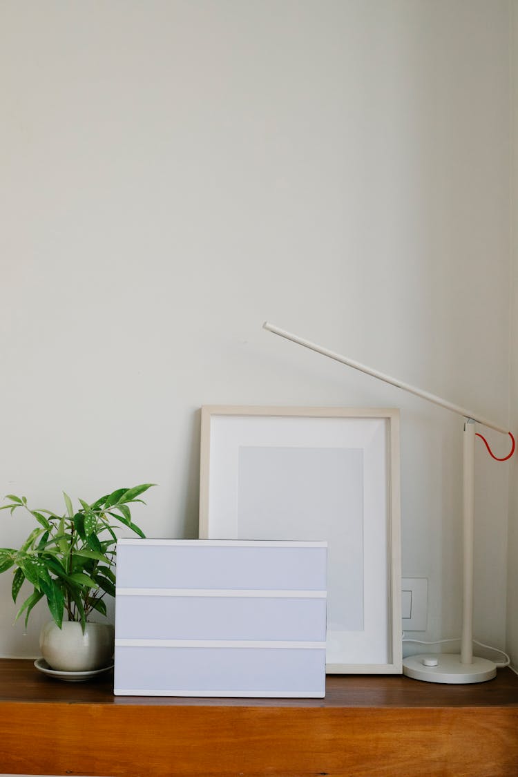 Blank Lightbox And Frame On Shelf