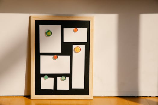 Minimalist bulletin board with papers and colorful magnets in bright sunlight.