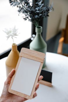 Hand holding a blank wooden notepad with elegant vases in the background. Perfect for design mockups.