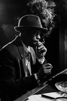 An evocative black and white portrait capturing the essence of a noir detective smoking in a dimly lit setting.