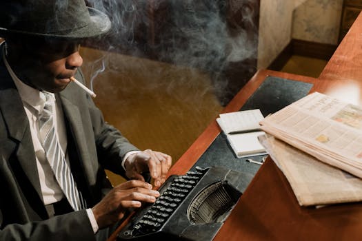 Retro cinematic scene of a detective typing on a vintage typewriter, surrounded by smoke and mystery.