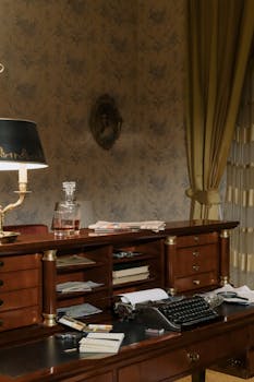 Classic vintage workspace featuring a typewriter and wooden furniture, evoking a 1950s retro ambiance.