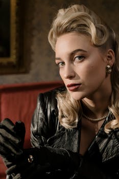 Elegant portrait of a woman with a femme fatale look in vintage style, leather jacket and gloves.