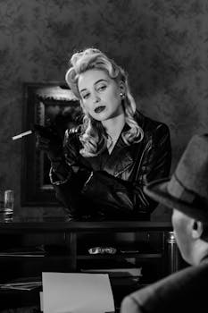 A captivating femme fatale in a vintage noir setting, exuding elegance and mystery.