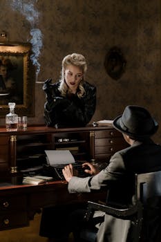 A classic noir scene featuring a mysterious woman smoking and a detective in an office setting.
