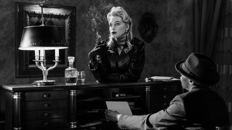 Vintage noir scene featuring a femme fatale and detective in classic setting, exuding mystery and allure.