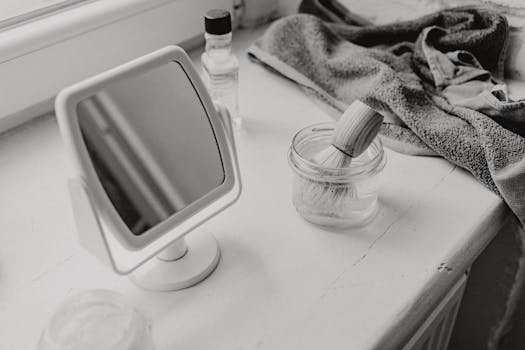 A shaving brush and mirror on a minimalist bathroom counter in grayscale.