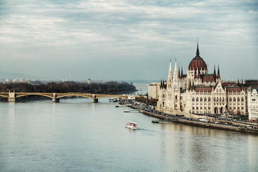 Scenic view of the Hungarian Parliament Building and Danube River in Budapest.