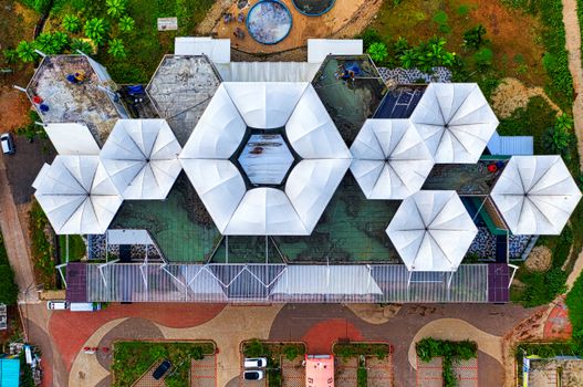 Aerial perspective of unique hexagonal roofs in Tangerang, Indonesia.