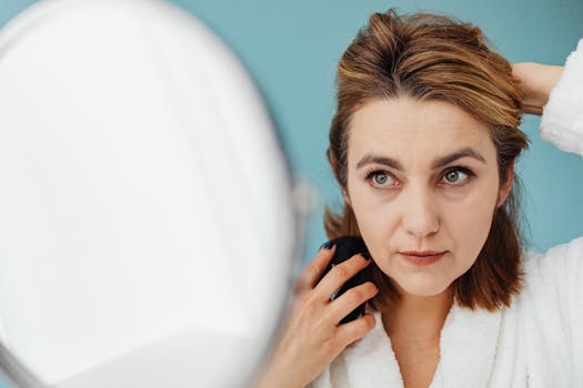 A woman styles her hair while looking into a mirror indoors, focusing on personal grooming.