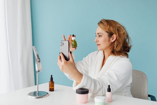 A woman in a white robe using a smartphone to take a selfie, showcasing skincare products.