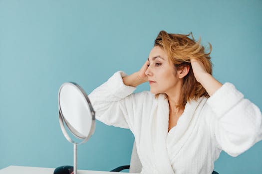 Adult woman in a bathrobe fixing her hair in front of a mirror against a blue background.