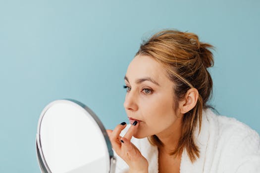 A woman in a bathrobe applies skincare cream while looking in a mirror against a blue background.