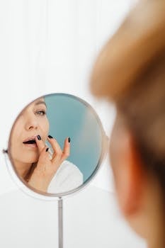 A woman applying lip balm while looking into a round mirror, focusing on self-care.