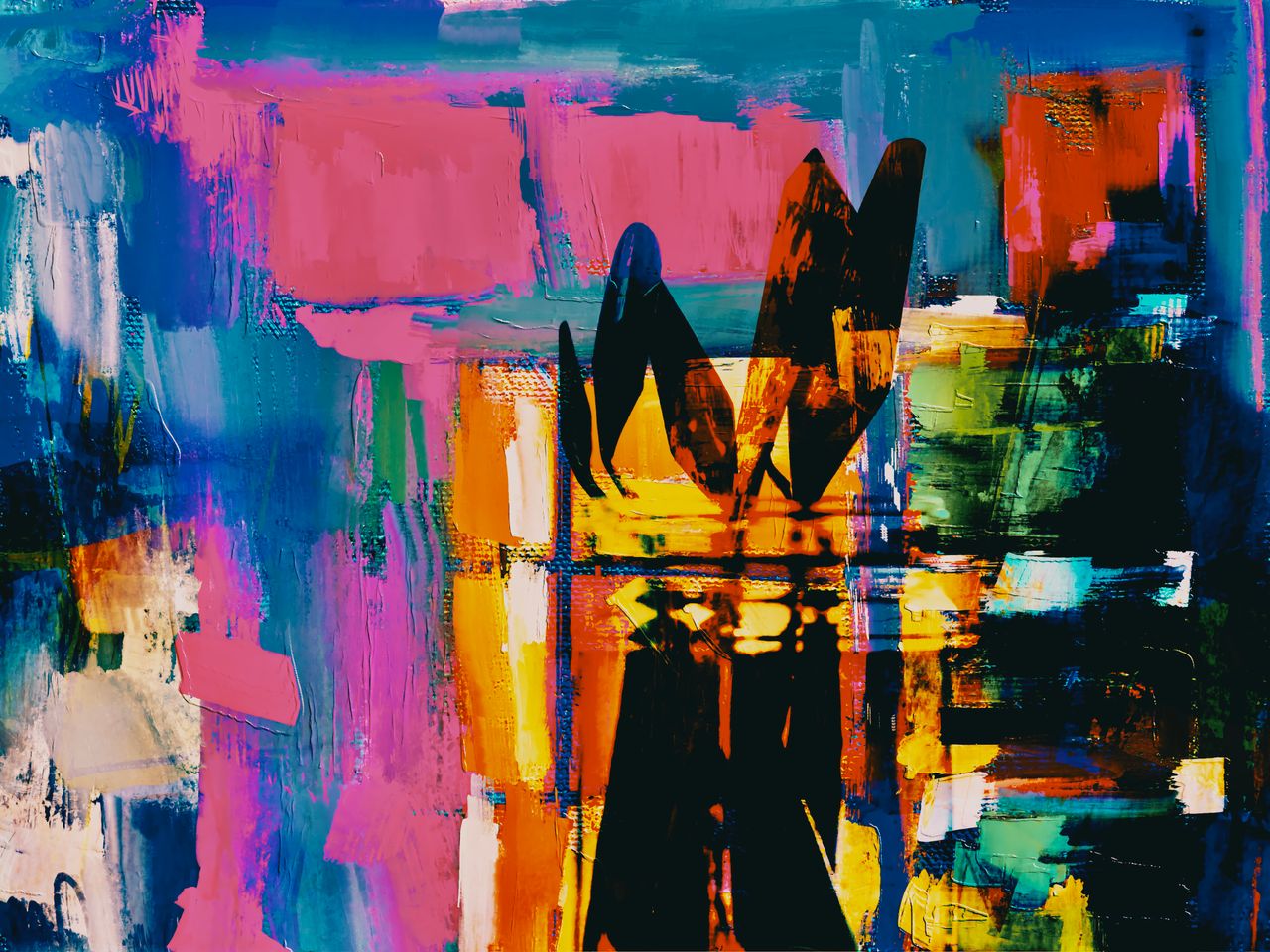 a vivid and colorful abstract painting with dynamic brush strokes and