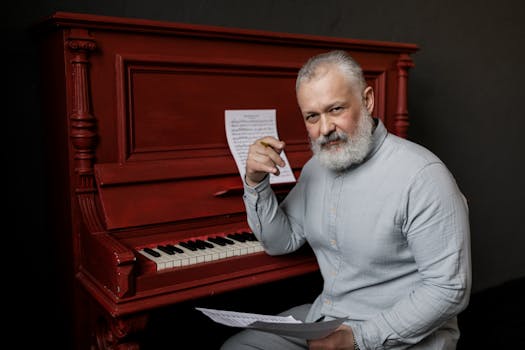 Senior musician with a beard composing at a red upright piano indoors.