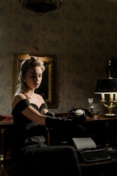 A mysterious woman in vintage attire sitting at a desk in a classic noir-style setting.