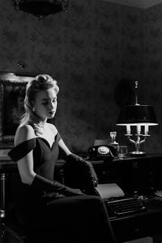 Elegant woman sitting by a vintage desk in classic noir style setting, exuding mystery and grace.