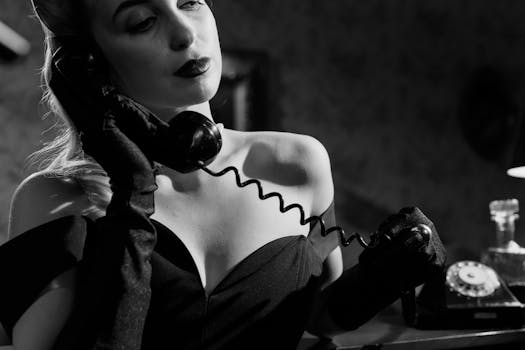 Elegant woman with noir vibe using retro telephone, exuding mystery and allure.