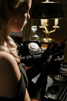 Glamorous woman with black gloves and vintage phone, embodying a classic femme fatale in mysterious noir setting.