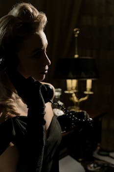 A sophisticated woman in a vintage setting talks on a rotary phone, capturing a classic noir vibe.